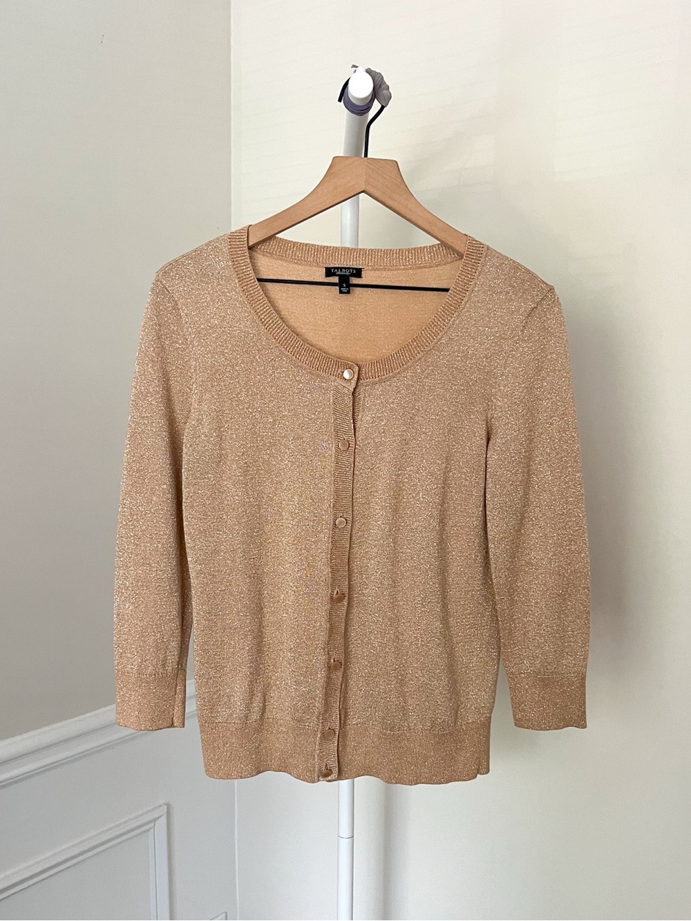 NWOT Talbots Metallic Gold Knit Shimmering Cardigan Sweater Cotton Women’s Small